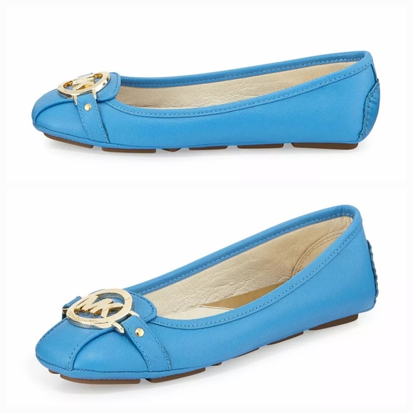 Michael Kors Fulton Moc Flats Blue Leather Driving Loafers Gold MK Logo Size 6M - Picture 4 of 16
